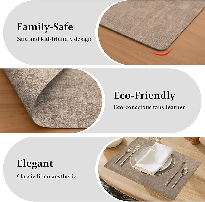 FROMHEART Faux Leather Placemats Set of 8?밯aterproof,Heat/Oil Stain-Resistant PU Table Mat?밨eversible,Non-Slip,Easy to Clean Place Mats for Kitchen,Dining,Indoor/Outdoor,(Light Coffee,11.8" x 17")