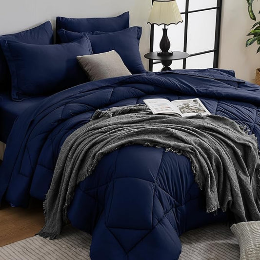 HEVUMYI Navy Blue Twin-XL Comforter Set - 5-Piece All Season Bed in a Bag Twin-XL, Ultra Soft Bedding Set with Comforter, Flat Sheet, Fitted Sheet, Pillowcases, Pillow Shams, Navy Blue
