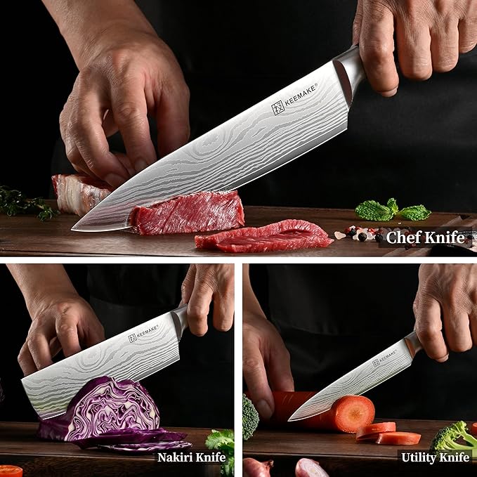 KEEMAKE Kitchen Knife Sets, 3 Pieces Professional Chef Knife Set with High Carbon Stainless Steel, Ultra Sharp Blade Kitchen Knives Sets with Ergonomic Pakkawood Handle & Gift Box
