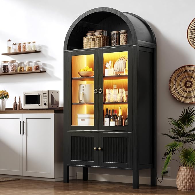 DWVO 71" Tall Arched Cabinet Kitchen Pantry with LED Light/Wood Kitchen Storage Cabinets with Tempered Glass Doors and Adjustable Shelves/Bookcase Cabinet with Storage for Dining Room-Black