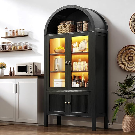 DWVO 71" Tall Arched Cabinet Kitchen Pantry with LED Light/Wood Kitchen Storage Cabinets with Tempered Glass Doors and Adjustable Shelves/Bookcase Cabinet with Storage for Dining Room-Black