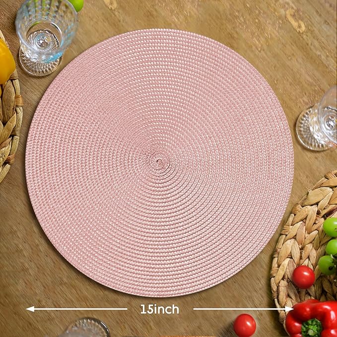 FunWheat Round Braided Placemats Set of 4 Table Mats for Dining Tables Woven Washable Non-Slip Place mats 15 inch(Peach Pink, 4pcs)