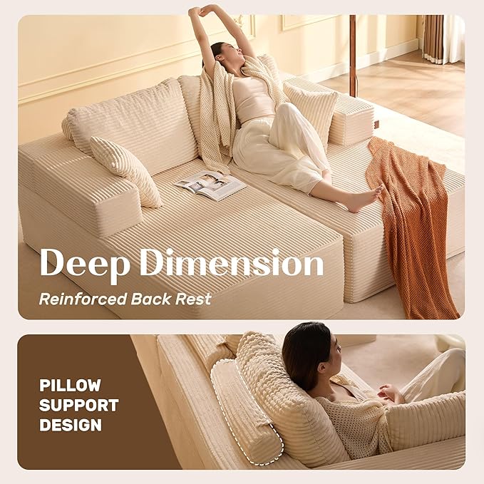 Chaise Lounge Chair, Boneless Couch for Living Room and Bedroom, Sleeper Couches Reading Chairs, Corduroy, White