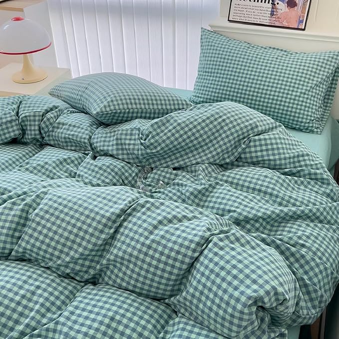 LifeTB Green Gingham Comforter Set Full Size Geometric Plaid Checkered Pattern Comforter Green Grid Plaid Printed Bedding Comforter Set with 2 Pillowcases Fluffy Soft Gingham Bedding Set Breathable