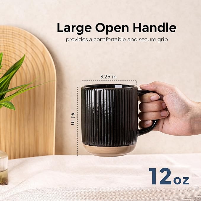 GBhome Ceramic Coffee Mugs Set of 4, 12oz Handmade Stoneware Coffee Mugs Set with Large Handle for Cappuccino/Latte/Tea/Hot Cocoa, Dishwasher & Microwave Safe, Black