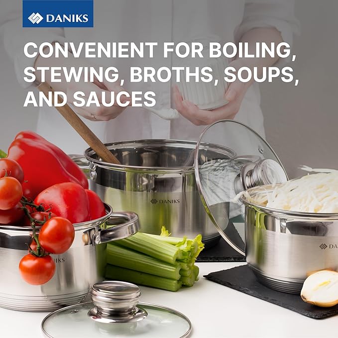 Daniks Standard 7 Quart Stainless Steel Stock Pot with Glass Lid, Try-Ply Bottom for Even Heating, Induction Compatible, Dishwasher Safe, Built-In Measuring Scale, Silver