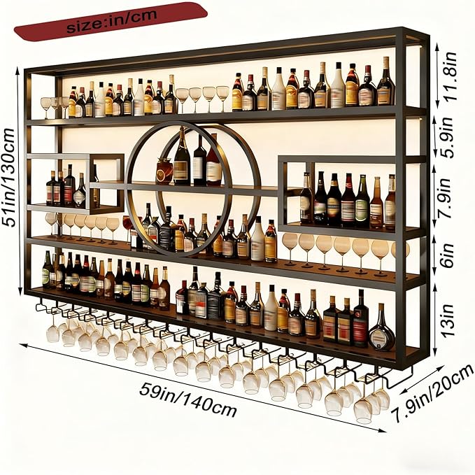 Wall Mounted Wine Rack, Modern Industrial Hanging liquor Bottles Shelves With Wine Glass Holder, Metal Floating Wine Storage Display Shelf, for Bar, Kitchen, Wine Cellar (Black, 140cm/55.1in)