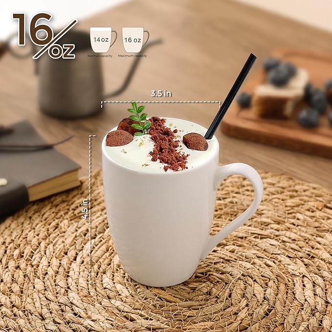GBhome 16oz Coffee Mugs Set of 6, Large Ceramic Coffee Mugs for Man, Woman, Dad, Mom, Modern Coffee Mugs Set with handle for Tea/Latte/Cappuccino/Milk/Cocoa. Dishwasher&Microwave Safe,White