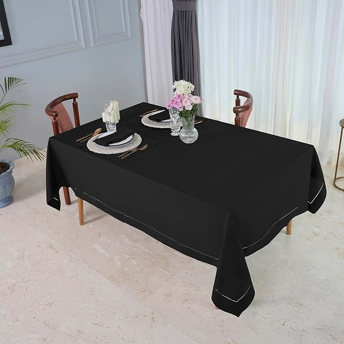 D'Moksha Homes Black Linen Tablecloth 54 x 72 Inch - 100% Pure Linen Black Table Cloth for Rectangle Tables - Classic Hemstitch, Machine Washable Tablecloth for Spring, Easter