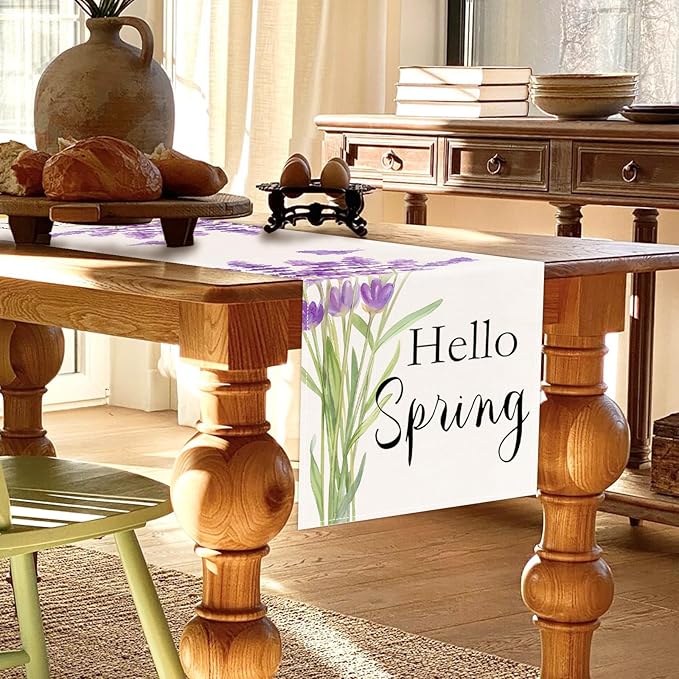 ZCHOMI Spring Purple Lavender Table Runner 13x72 Inch Hello Spring Butterfly Kitchen Dinning Table Decoration for Indoor Outdoor Home Party D챕cor