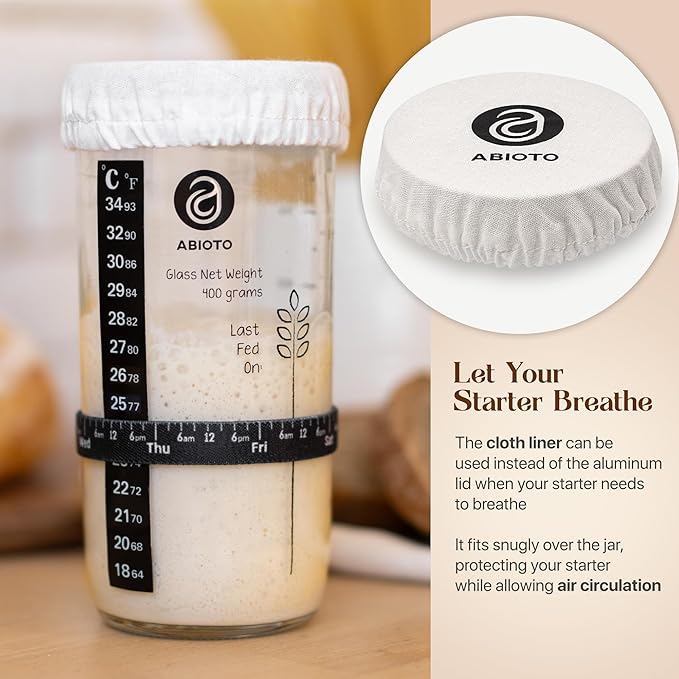 Sourdough Starter Kit, Includes 24 oz Sourdough Starter Jar with Metallic Lid, Silicone Spatula, Feeding Tracker, Extra Thermometer Strips & Breathable Covers - Sourdough Bread Starter Kit