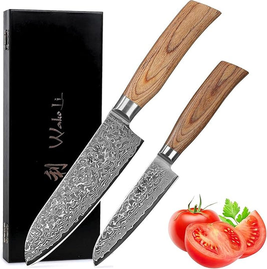 Wakoli EDIB Pro 2-Piece Damascus Kitchen Knife Set ??Santoku & Small Santoku with VG10 Core made of 67-Layer Damascus Steel Blades ??Professional Chef Knives with Ergonomic Pakkawood Handles