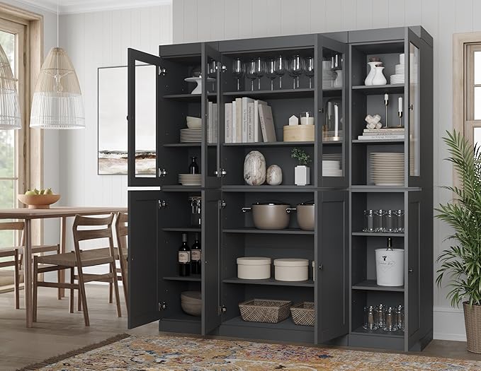 Palace Imports 100% Solid Wood Kitchen China Pantry Cabinet, 65" W - 4 Clear Glass & 4 Shaker Doors, Renewable Eco-Friendly Wood, Made in Brazil (Gray, 8 China/Shaker Doors | NO Drawers)