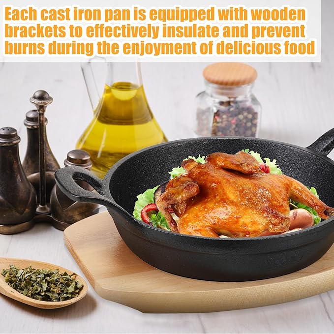 Sliner 4 Sets Mini Cast Iron Skillet Small Cast Iron Plates Skillet with Wooden Base Small Round Pan Fajita Plate Pot for Baking Cooking(7.9 Inches)