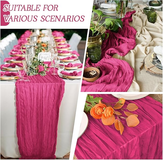 RealBox 6 Pack Hot Pink Cheesecloth Table Runner 17x108 Inch Semi Sheer Boho Gauze Cheese Cloth Fabric Table Runners Table Decor for Wedding Party Baby Shower Birthday Home Decor Garden Farmhouse