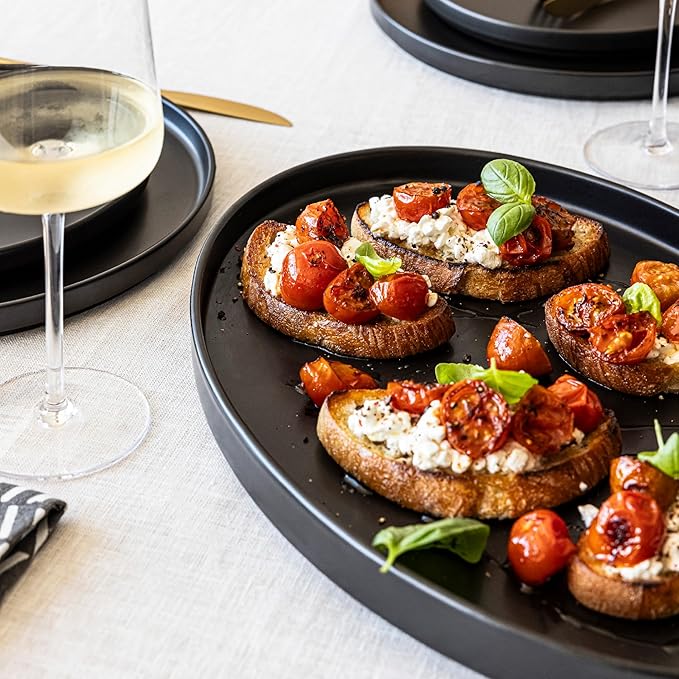 Over&Back Stackable Stoneware Serving Platter - Elegant 1-Piece Oval Serving Platter to Complete Your Kitchen Set - Perfect for Appetizers, Desserts, and More - 16" L x 11" W - Semi-Matte Black