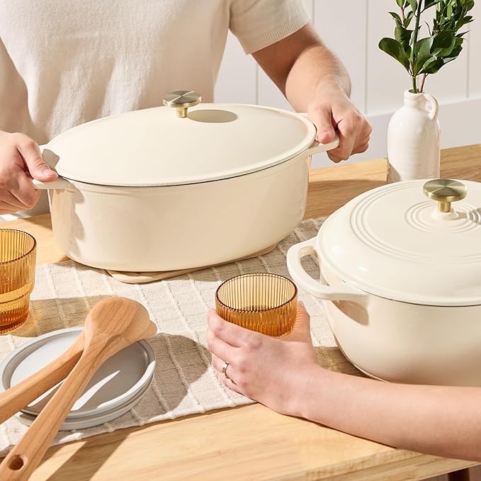 Best Choice Products Oval 7.5 Quart Enamel Cast-Iron Dutch Oven, Heavy-Duty Pre-Seasoned for Baking, Cooking w/Side Handles ??Vanilla Buttercream