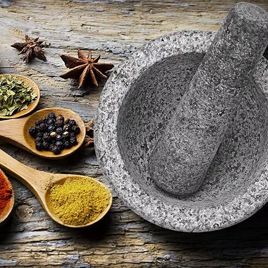 7??Heavy Granite 4 Cup Mortar & Pestle Natural Stone Molcajete Bowl and Grinder Set for Spices, Herbs, Seasonings, Pastes, Pesto and Guacamole. Release Your Favorite Flavors!Great Gift!