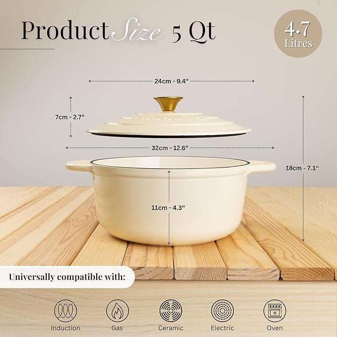 Cast Iron Pot with Lid ??Non-Stick Ovenproof Enamelled Casserole Pot, Oven Safe up to 500째 F ??Sturdy Dutch Oven Cookware ??Cream, 5-Quart, 24cm ??by Nuovva