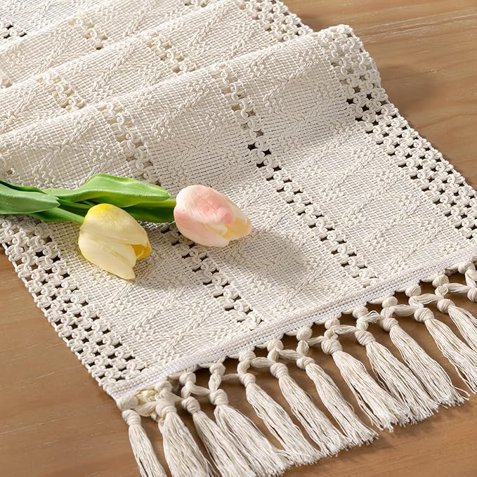 Socomi Boho Table Runner Valentine's Day Farmhouse Rustic Dining Kitchen Centerpiece Decor Small Macrame Woven Cotton Linen Coffee Table Runner for Dresser Scarf Home Decor 12x48 inch Beige