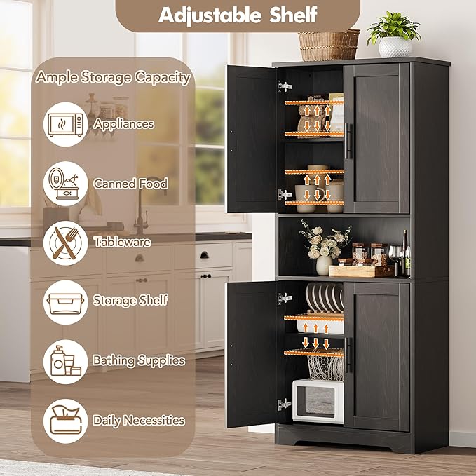 70" Tall White Pantry Cabinet with Doors, Freestanding Storage Cabinet with Adjustable Shelves for Kitchen, Dining Room, Bathroom, Living Room,Black