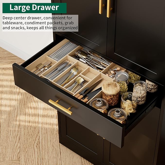 CJF 71" H Metal Kitchen Pantry Storage Cabinet, Freestanding Cupboard with Adjustable Shelves and 1 Drawer, Standing Storage for Kitchen, Bathroom, Garage, Dinning Room or Utility Room（Black）
