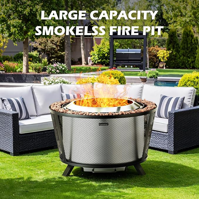 29??Large Capacity Smokeless Fire Pit for Outside,Heavy?멏uty Wood Burning Firepit with Dual?멬all Design, Mesh Shield, Pull?멟ut Ash Pan, Stylish Patio for Backyard Gatherings