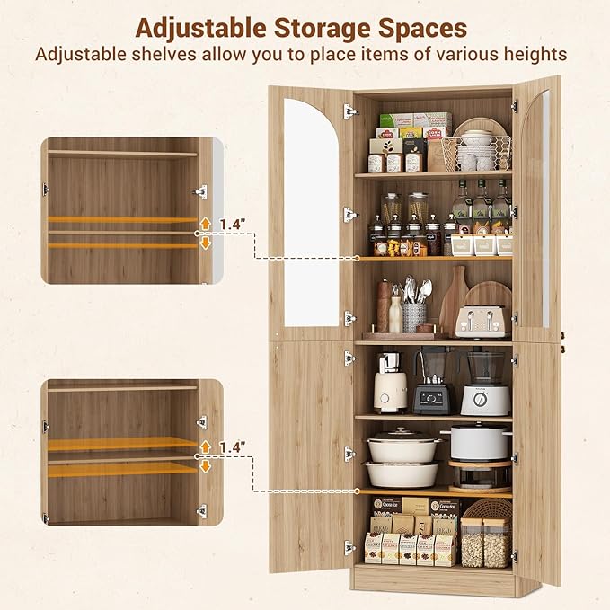Cyclysio 80" Kitchen Pantry Cabinet, Tall Arch Storage Cabinet with Glass Doors, Freestanding Wood Floor Cupboard Bookcase with Seamless Fit Wall for Dining Room, Living Room, Bathroom (Natural)