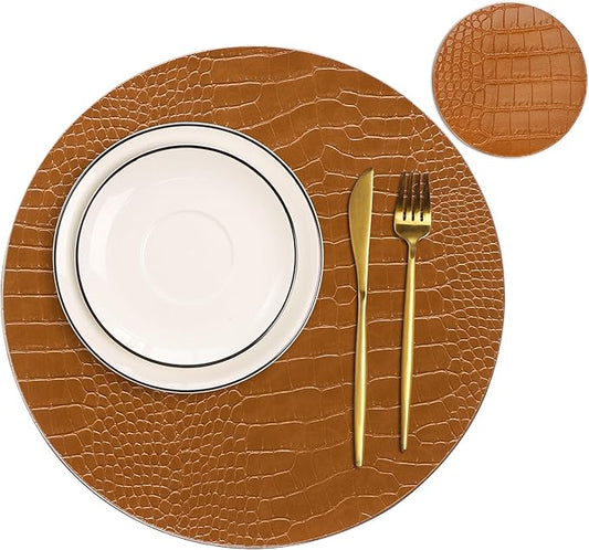 Jovono Round Leather Placemats for Round Tables Set of 8, Brown Place Mats and Coasters, Wipeable Waterproof Heat Resistant Table Mats Easy to Care for Indoor Decor 13 inch Diameter