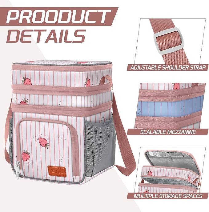 ZRSUN Insulated Lunch Bag for Women Men, Reusable 3 Layers Lunch Box Women, Expandable Reusable Water-resistant Lunch Box for Work Travel Office Picnic Hiking (Pink)