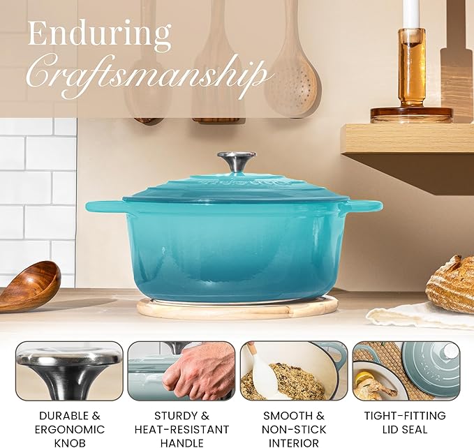 Nuovva Enamelled Cast Iron Dutch Oven Pot with Lid ??6.4 Quart Non Stick Casserole Pot ??Heavy Duty & Oven Safe up to 500째 F for Bread Baking, Braising, Stews, Roasting ??28cm Teal