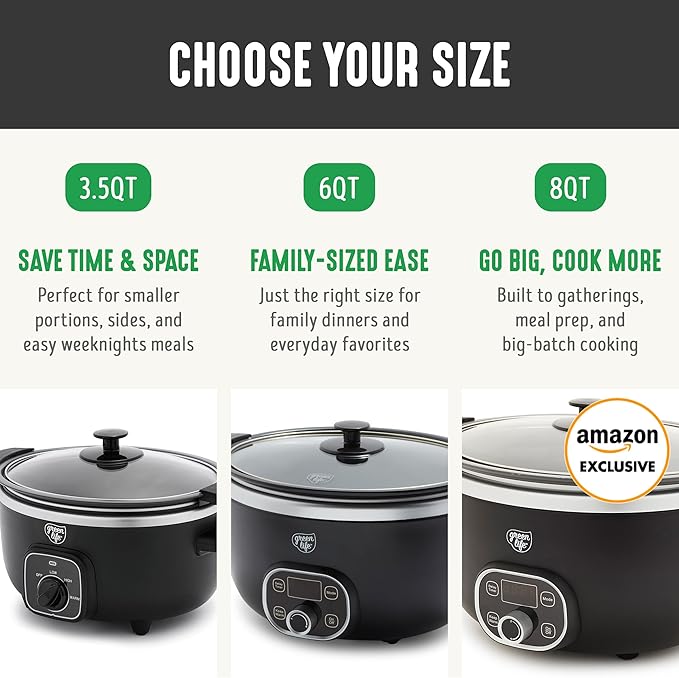 GreenLife 3.5QT Slow Cooker, PFAS-Free Non-Toxic Ceramic Nonstick Removable Interior Bowl, Programmable, Keep Warm, Stovetop & Oven Safe Pot, Dishwasher Safe Crock & Glass Lid, Black
