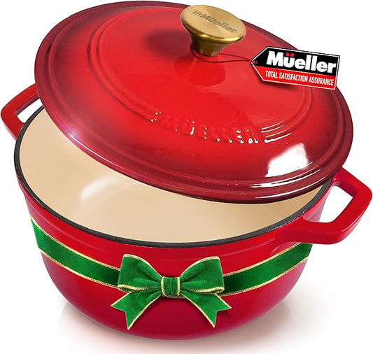 Mueller 6qt Enameled Cast Iron Dutch Oven, Heavy-Duty Casserole and Braiser Pan with Lid and Knob, Oven-Safe up to 500째 F & Across All Cooktops, Red