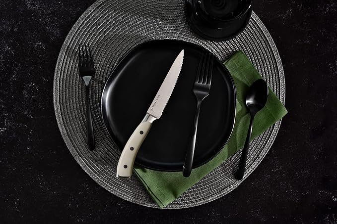 DURA LIVING 8-Piece Serrated Kitchen Steak Knife Set ??Forged High Carbon Stainless Steel, Ultra Sharp, Ergonomic Black Handles, Durable Dinner Knives, Cream Handle