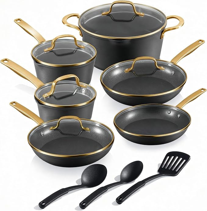 GRANITESTONE 14pcs Induction Pots and Pans Set Non Stick Cookware Set with 3 Utensils, Premium Chef Quality Forged Hard Anodized Exterior with Armor Max Coating Lasts 8x Longer, Oven & Dishwasher Safe