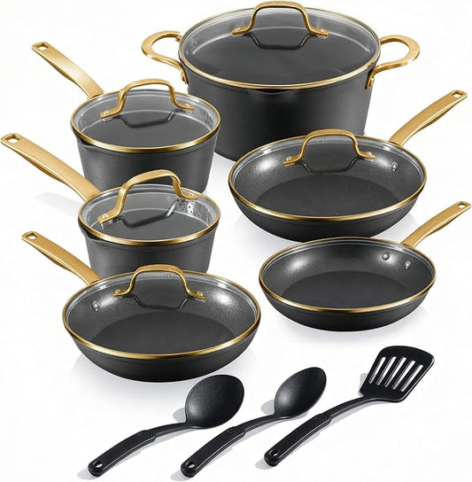 GRANITESTONE 14pcs Induction Pots and Pans Set Non Stick Cookware Set with 3 Utensils, Premium Chef Quality Forged Hard Anodized Exterior with Armor Max Coating Lasts 8x Longer, Oven & Dishwasher Safe