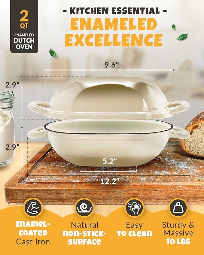 Loaf Pan for Bread Baking - incl. Sourdough Bread-Baking Supplies like Banneton Bread-Proofing Basket - 2QT Enameled Oval Cast Iron Dutch Oven, Bread-Oven, Sour Dough Bread-Banking-Pan Tools