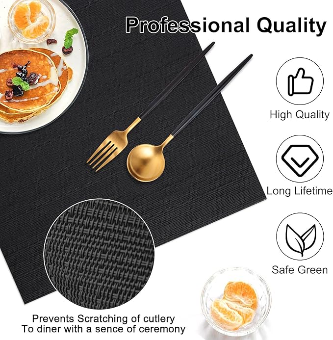 LANDVIEW Vinyl Placemats Set of 4, PVC Woven Washable Non-Slip Table Mats, Heat Resistant Wrinkle Free Place Mats for Dining Table, Easy to Clean (4, Black)