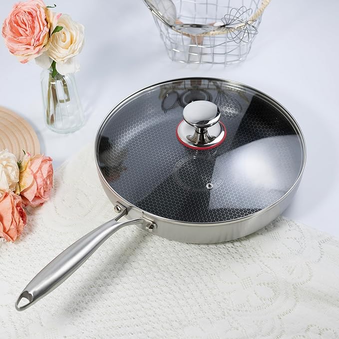 12 inch stainless steel frying pan with lid, hybrid non-stick skillet for induction, oven, broiler & dishwasher, non-toxic chef's pan, pfoa-free cookware