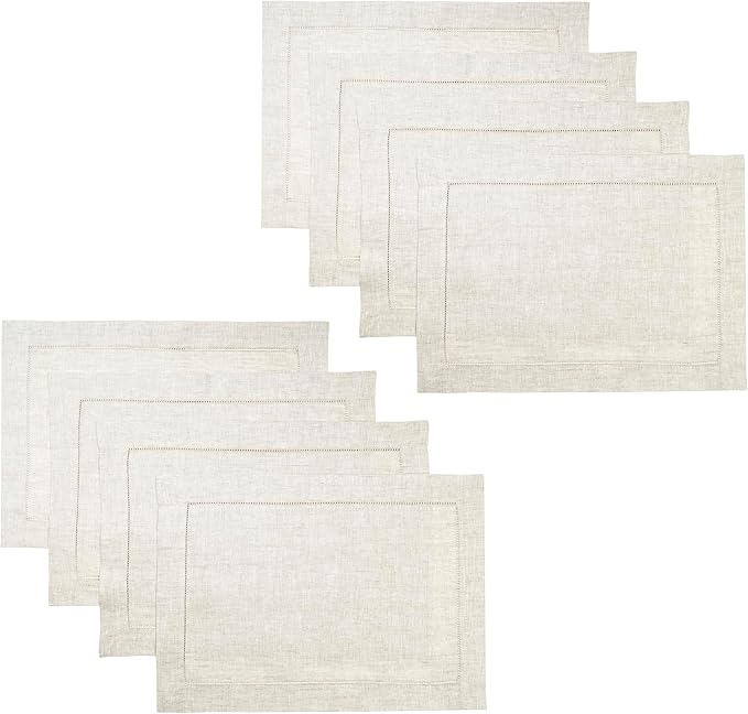 D'Moksha Homes Light Natural Linen Cloth Placemats Set of 8-100% Pure Linen Hemstitch Placemats 14 x 19 Inch - Classic Hemstitch Table Place Mats for Valentines, Easter - Machine Washable