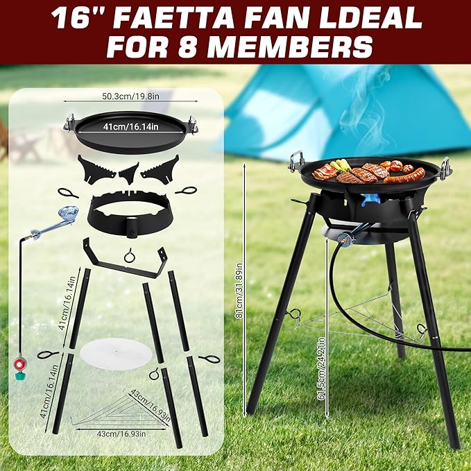 Q044-Paella Pan Set with Burner, 16 Inch Carbon Steel Outdoor Pan and Reinforced/Adjustion Legsfor Outdoor Cooking