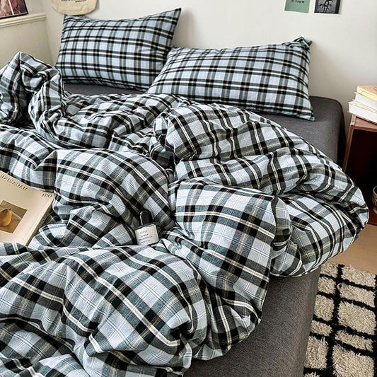 Grey Black Plaid Comforter Set Twin XL, 3 Pieces Modern Style Grid Comforter with 2 Pillowcases, Vintage Plaid Checkered Comforter for All Seasons, Soft Breathable Farmhouse Gingham Bedding Set