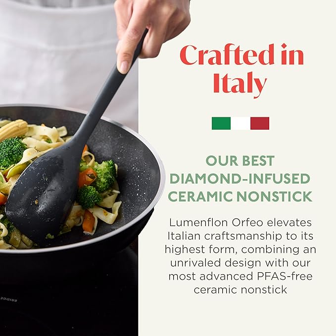 Orfeo 11??Nonstick Wok Pan, Made in Italy, Diamond Ceramic PFAS-Free Cookware, Induction Ready, Scratch Resistant, Laser-Fused Surface for Durability, Dishwasher Safe, Black