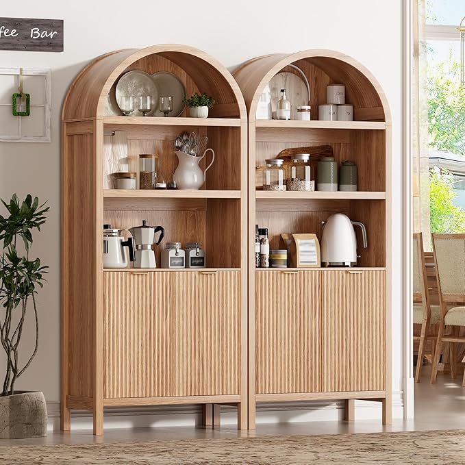 71" Tall Arched Kitchen Pantry,Modern Fluted Wood Storage Cabinet with Doors,Adjustable Shelves,Organizer, Versatile Cupboard for Kitchen,Living Room,Dining Room,Bathroom,Wood