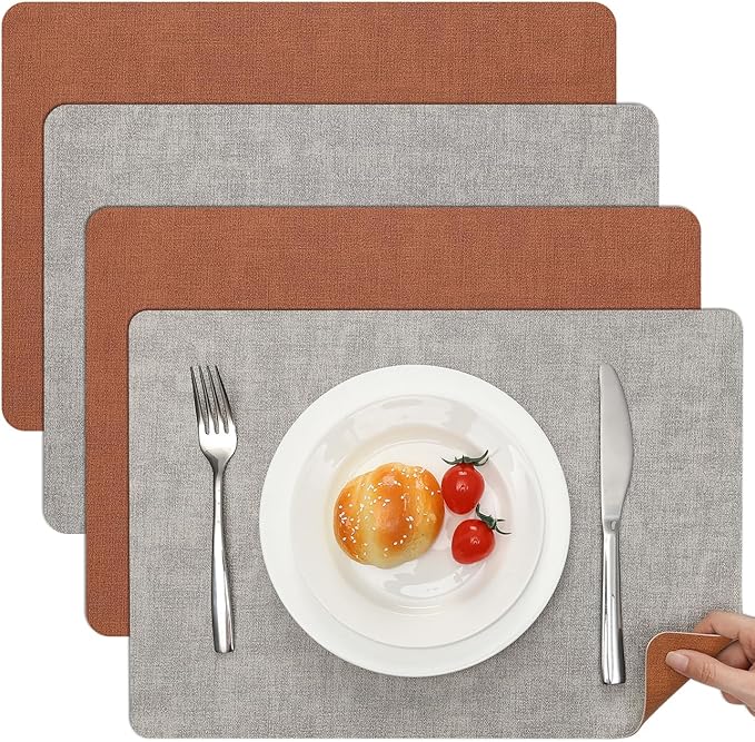 Myir JUN Reversible Vinyl Placemats Set of 4, Faux Leather Place Mats Dual Sided Waterproof Wipeable, Heat-Resistant Table Mats for Kitchen Dining Indoor Outdoor (12" x 17", Light Gray Reddish Brown)