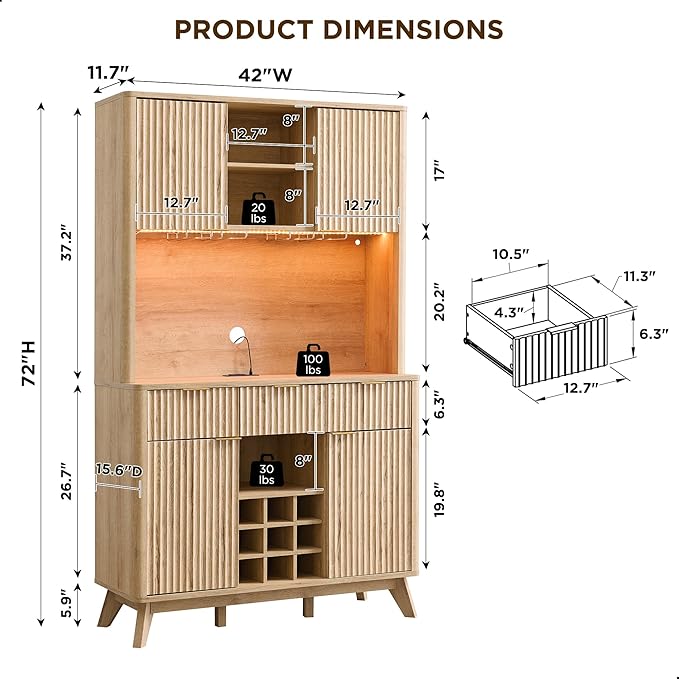 OKD 72" Tall Wine Bar Cabinet with Storage Hutch, Modern Wood Fluted Coffee Bar Cabinet with LED Lights and 10 Tier Storage Shelf & 9 Grid Wine Glass Rack for Home Dining Room Kitchen (Natural Oak)