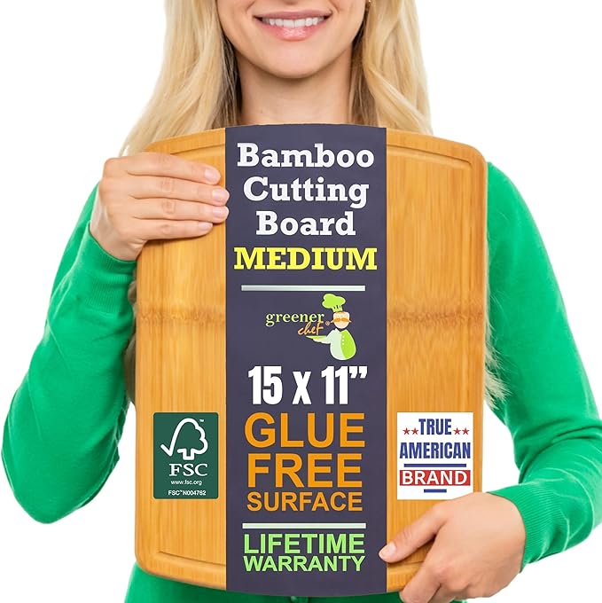 Bamboo Cutting Board ??15 Inch Wood Cutting Boards for Kitchen with Glue-Free Surface??& Juice Groove ??Non-Toxic, FSC-Certified, Durable Wooden Chopping Board
