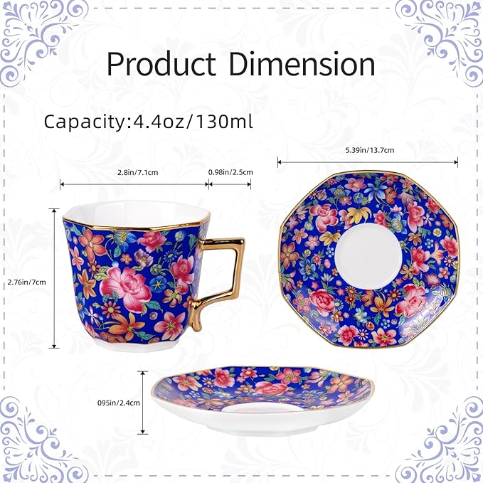 KAMMAK Tea Cups and Saucers Set of 2, Porcelain Coffee Cup with Saucer for Espresso, Cappuccino, 4.5oz Vintage Yellow and Blue Ceramic Novelty Mug for Home, Tea Party, Office