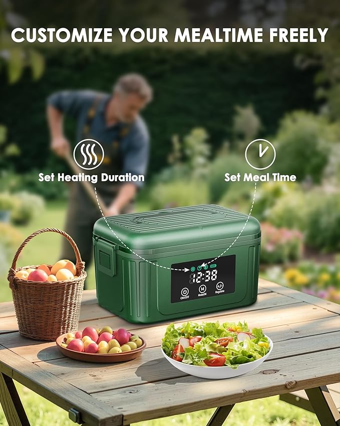 Aurevit Cordless Electric Lunch Box for Adults, 1.4L Heated Lunch Box for Men with Smart Meal Scheduling & Auto Keep Warm, Portable Food Warmer for Car with Insulated Bag, Ice Pack (Brewster Green)