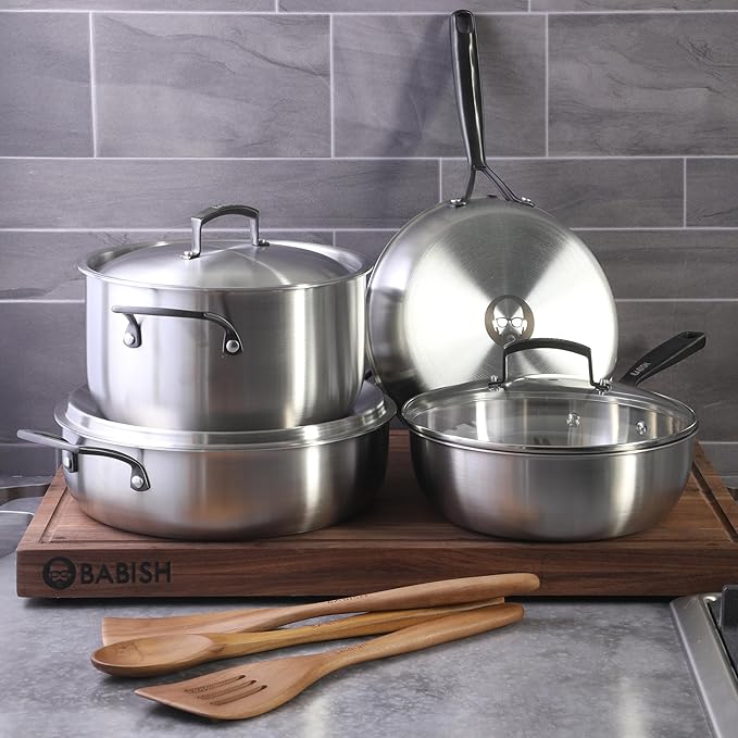 Babish 10-Piece Professional Tri-Ply Non-Toxic Pots and Pans Cookware Set ??Durable, Even Heat Distribution